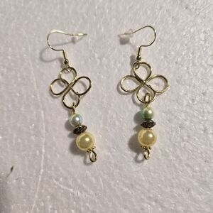 Hand Crafted Gold Clover Dangle Earrings with Pale Yellow and Mint/Yellow Beads